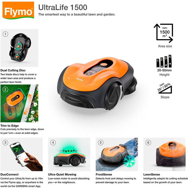 Flymo ULTRALIFE 1500 Robotic Lawn Mower - Orange Main Image