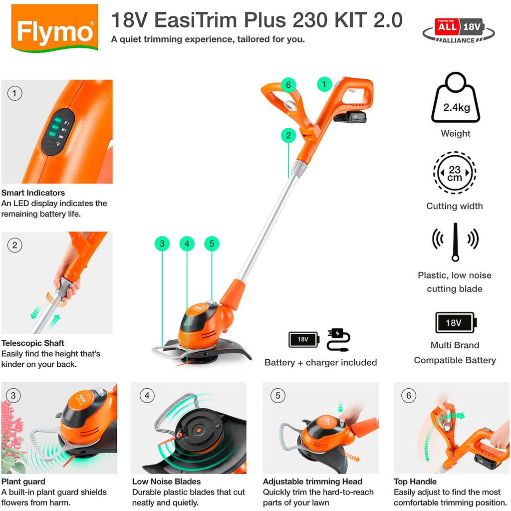 Flymo 18V P4A EasiTrim 230 Kit Battery - Grass Trimmer - Black / Orange