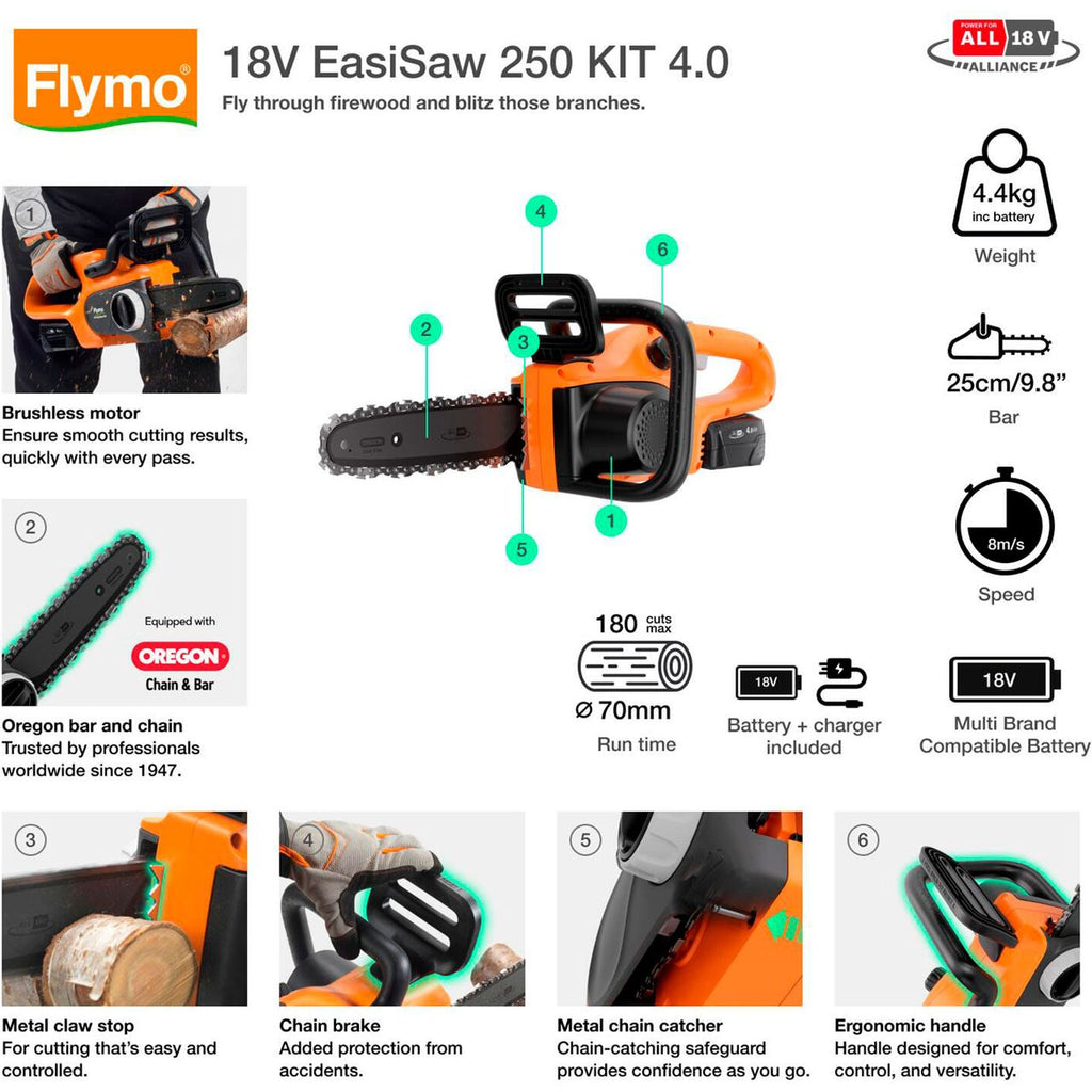 Flymo 18V EasiSaw 250 KIT 4.0 Chainsaw - Orange