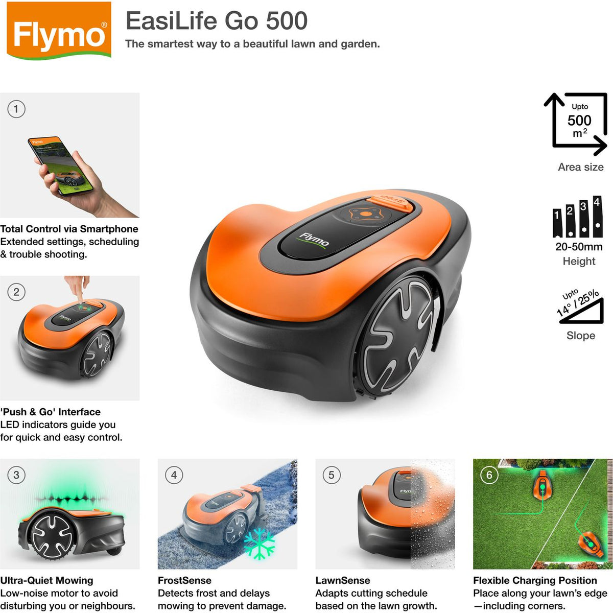Flymo EasiLife GO 500 Robotic Lawn Mower - Black / Orange