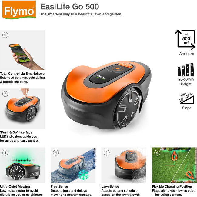 Flymo EasiLife GO 500 Robotic Lawn Mower - Black / Orange Main Image