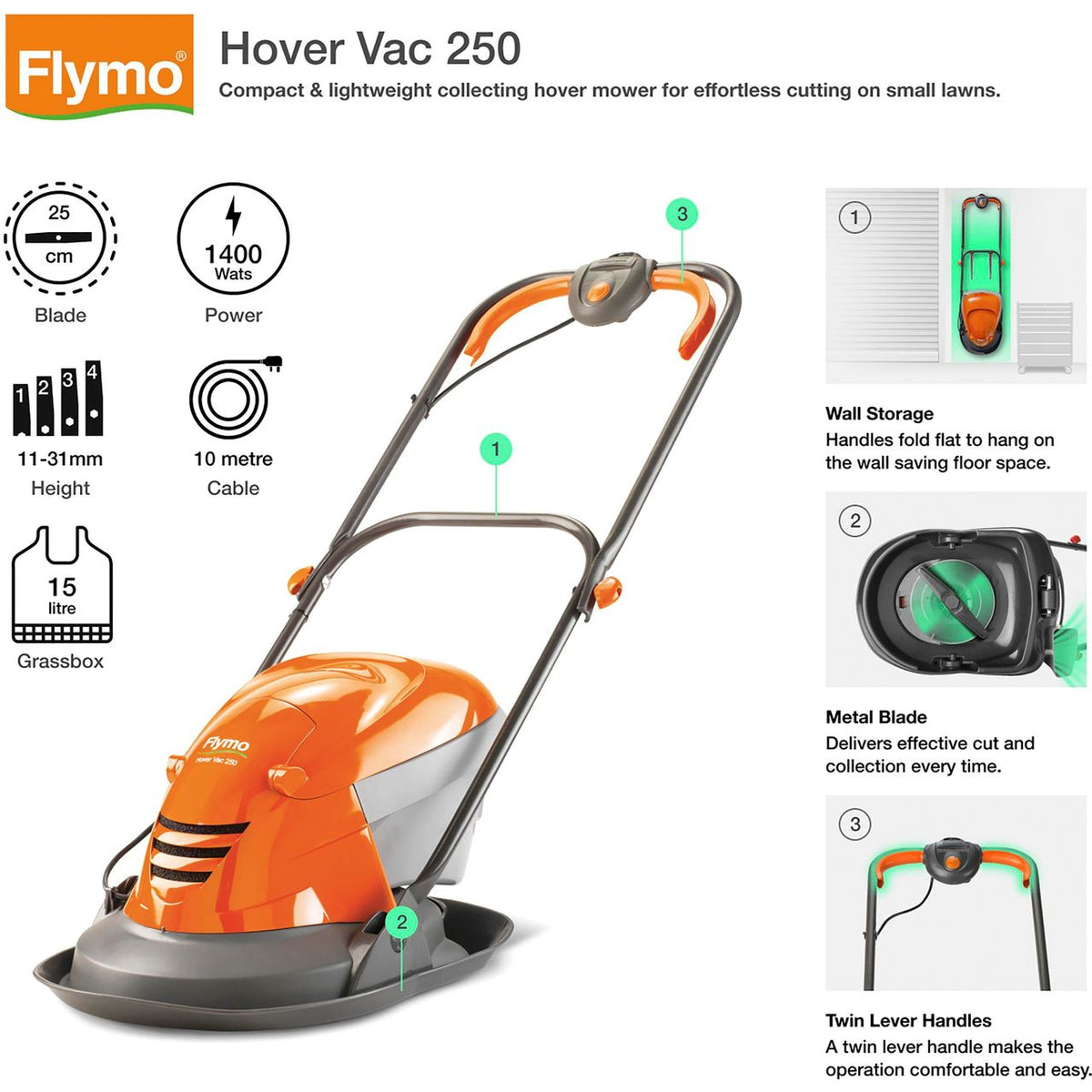 Flymo HoverVac 250 Corded Lawn Mower - Orange