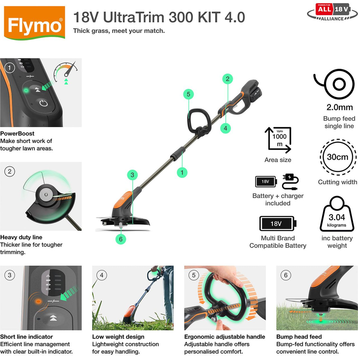 Flymo 18V UltraTrim 300 - Grass Trimmer - Orange