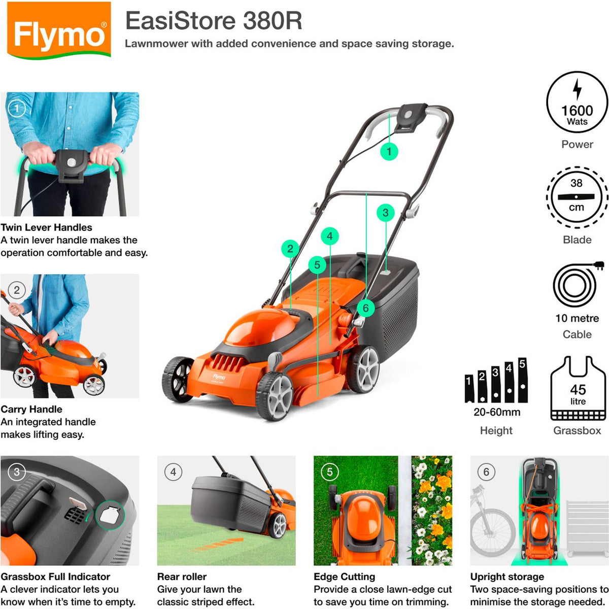 Flymo EasiStore 380R Corded Lawn Mower - Sunset Orange