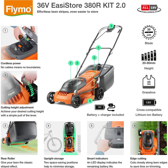 Flymo 36V EasiStore 380R KIT 2.0 Cordless Lawn Mower - Orange Main Image