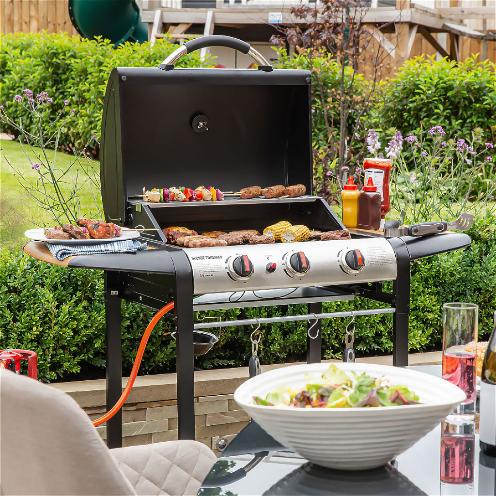George Foreman GFGBBQ3BW 3 Burner Gas Barbecue - Black / Wood