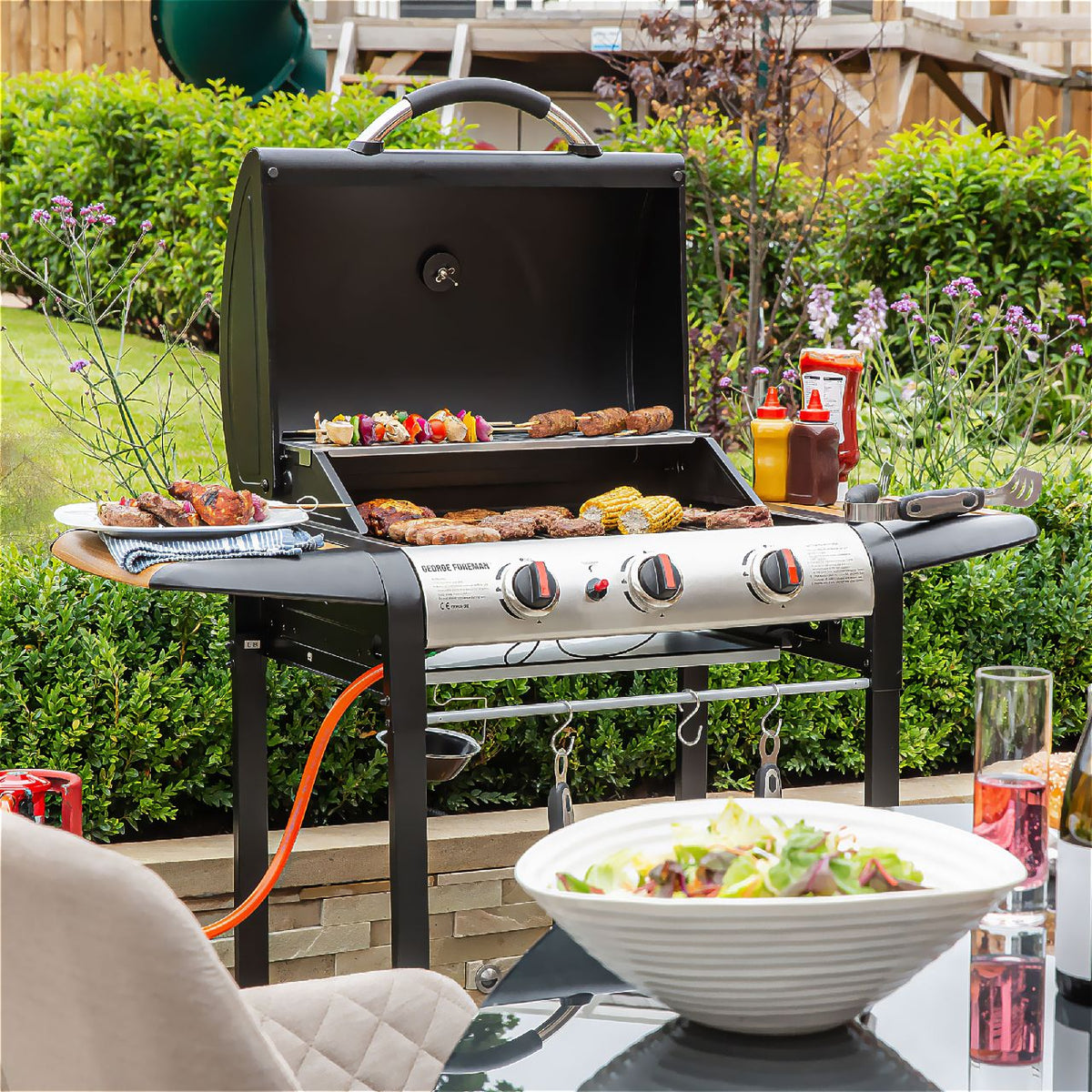 George Foreman GFGBBQ3BW 3 Burner Gas Barbecue - Black / Wood