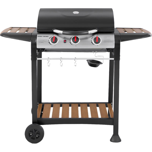 George Foreman GFGBBQ3BW 3 Burner Gas Barbecue - Black / Wood Hover Image