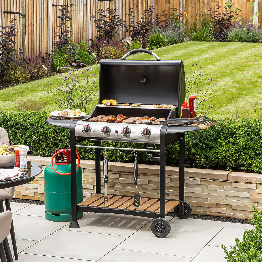 George Foreman GFGBBQ4BW 4 Burner Gas Barbecue - Black / Wood