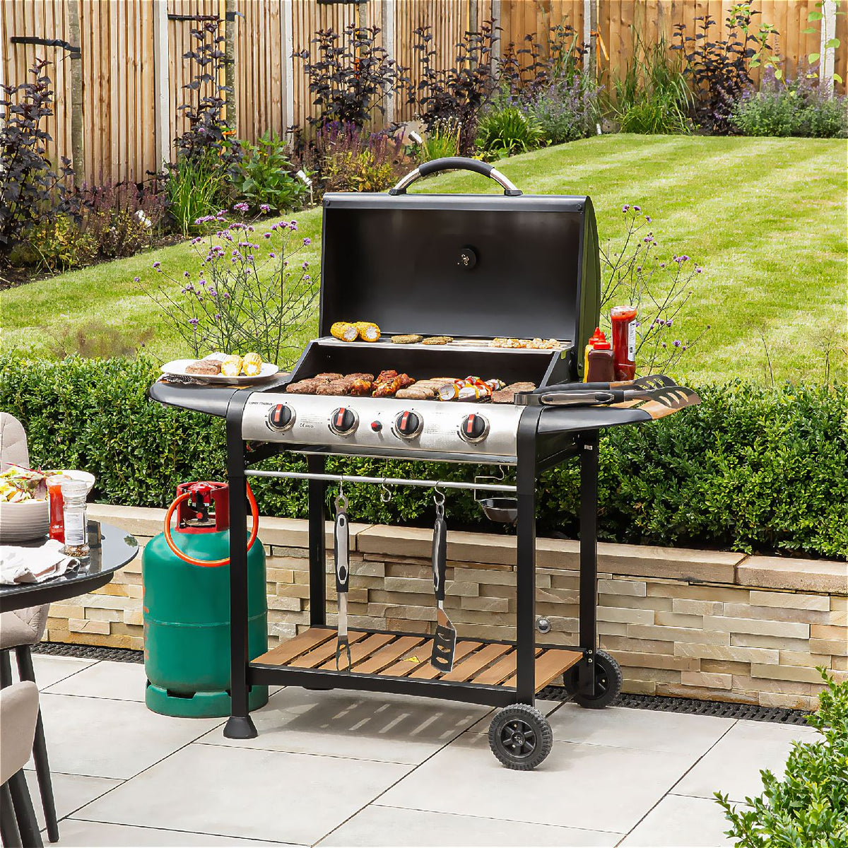 George Foreman GFGBBQ4BW 4 Burner Gas Barbecue - Black / Wood