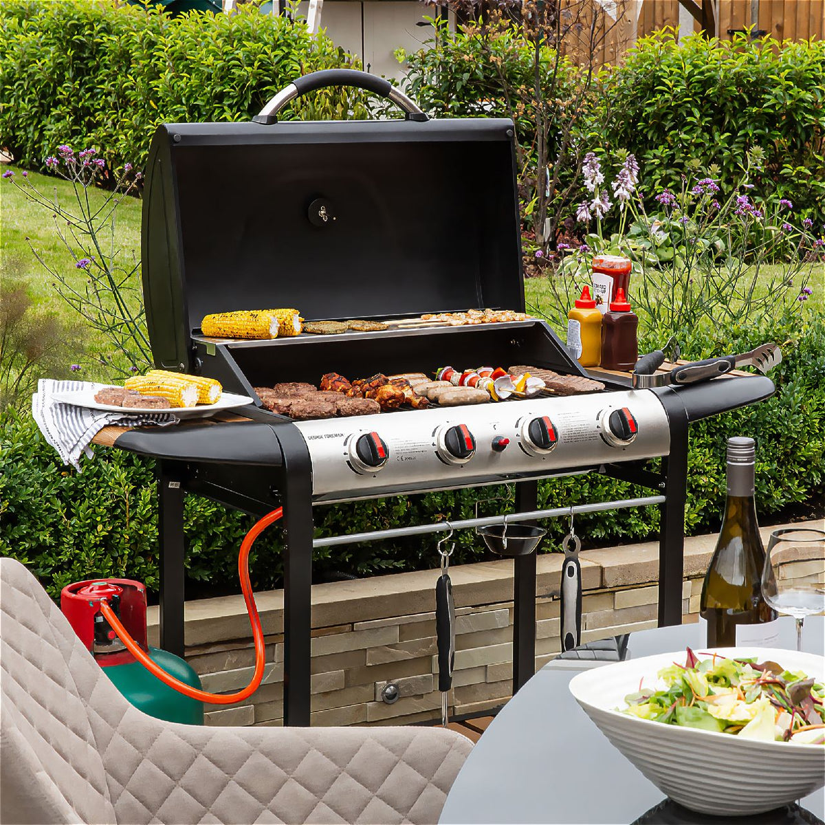 George Foreman GFGBBQ4BW 4 Burner Gas Barbecue - Black / Wood