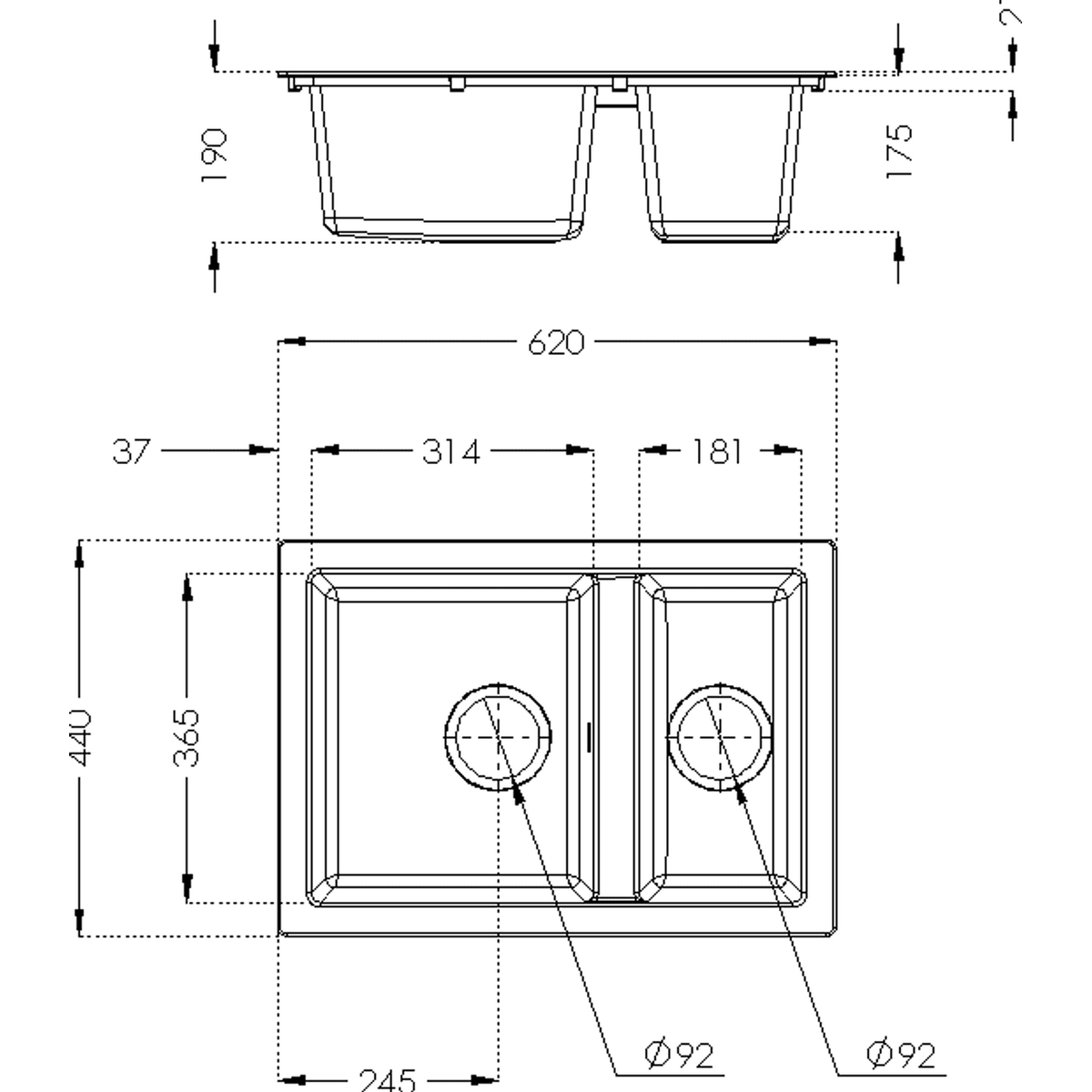 Rocklite Weston 1.5 Bowl Inset Kitchen Sink - Black